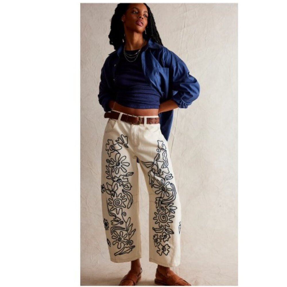NWT-We the Free Good Luck Soutache Barrel Jeans - Ivory Combo - Sz 30
